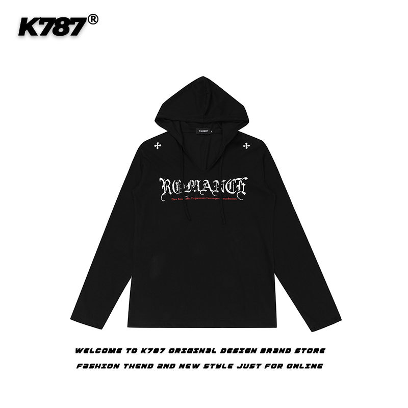 K787 American Retro Letter V-Neck Hooded Long-Sleeved Top Jacket for Men and Women, Loose and Slightly See-Through Sun Protection Blouse
