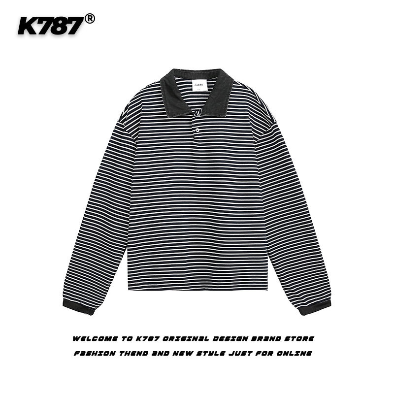 K787 American Retro Striped Color-Block Long-Sleeve Polo Shirt for Men and Women, Trendy Brand, Loose and Casual Long-Sleeve T-Shirt Top