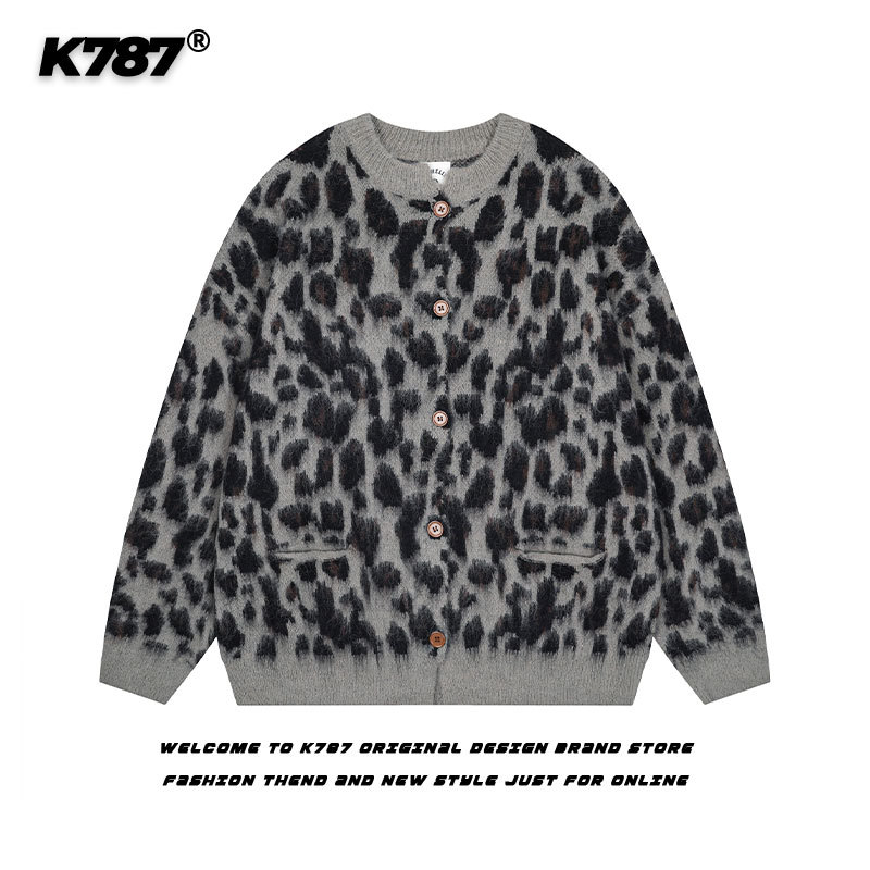K787 American Retro Leopard Print Design Lazy Style Knitwear Unisex Winter Mohair Couple Sweater Coat
