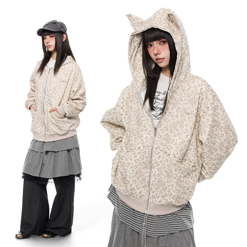 K787 Wild Leopard Print American Retro Design Button-Studded Hooded Sweatshirt Unisex Star Print Zip-Up Jacket K787 Wild Leopard Print American Retro Design Button-Studded Hooded Sweatshirt Unisex Star Print Zip-Up Jacket