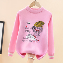 Girls sweater autumn and winter style 2021 childrens big boys and girls pullover thickened knitted sweater plus fleece bottoming round neck