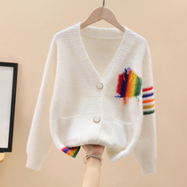 Girls cardigan sweater 2021 new mink velvet middle big childrens knitted sweater coat girl intarsia white spring and autumn