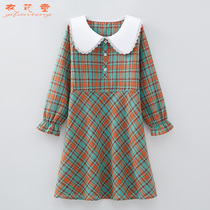 2022 Girls Spring and Autumn New Doll Collar Plaid Dress Middle-aged and Big Boys Pure Cotton Skirt Princess Dress Foreign Style Autumn Dress