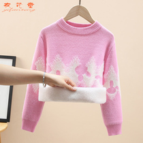 Girls knitted sweater bottoming shirt 2022 autumn and winter new one-piece velvet fashion cute round neck sweater in big childrens foreign style