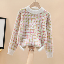 Girls mink fleece sweater autumn and winter style 2021 childrens fleece thickened medium and big childrens tops knitted sweater bottoming shirt