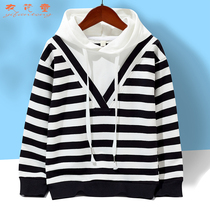 Childrens clothing girls striped sweater 2022 autumn new middle and big childrens cotton hooded top girls Korean version of the trend