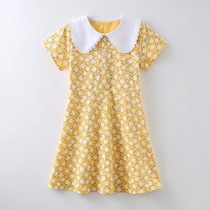 Girls dress 2022 new childrens high waist long-sleeved short-sleeved floral lapel cotton skirt 10 years old net red trend