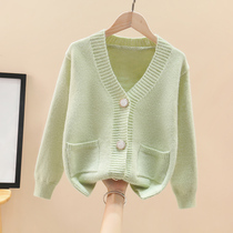 Girls knitted cardigan autumn solid color big childrens mink fleece sweater spring and autumn outerwear childrens girls coat foreign style