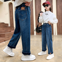 Childrens clothing girls straight jeans spring and autumn style casual pants foreign style fashion trousers big children wide leg pants trendy Korean version