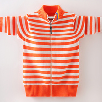 Girls striped cardigan sweater 2021 new middle and big boys and girls childrens stand-up collar knitted jacket Korean style autumn and winter