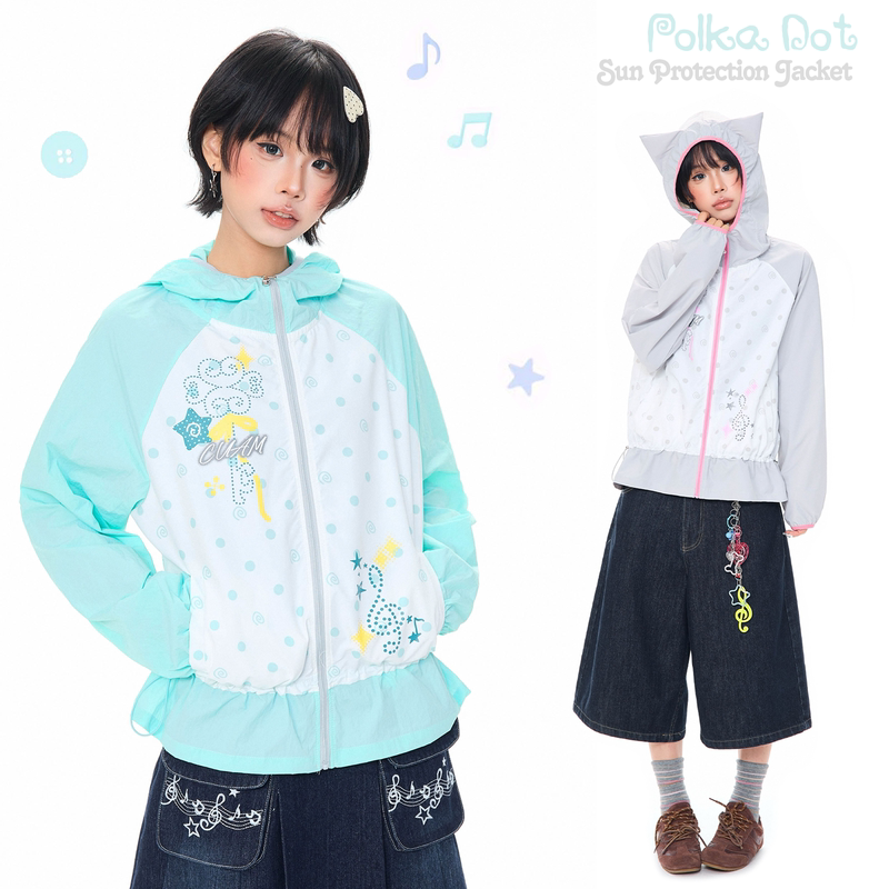 Mkgo Korean Style Girl's Musical Note Polka Dot Hooded Sun Protection Clothing for Women in Summer, Light and Cool, Breathable Sun Protection Clothing Jacket