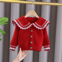 Xiao Xiangfeng big lapel small children single-breasted princess girl sweater cardigan round neck sweet vertical striped sweater