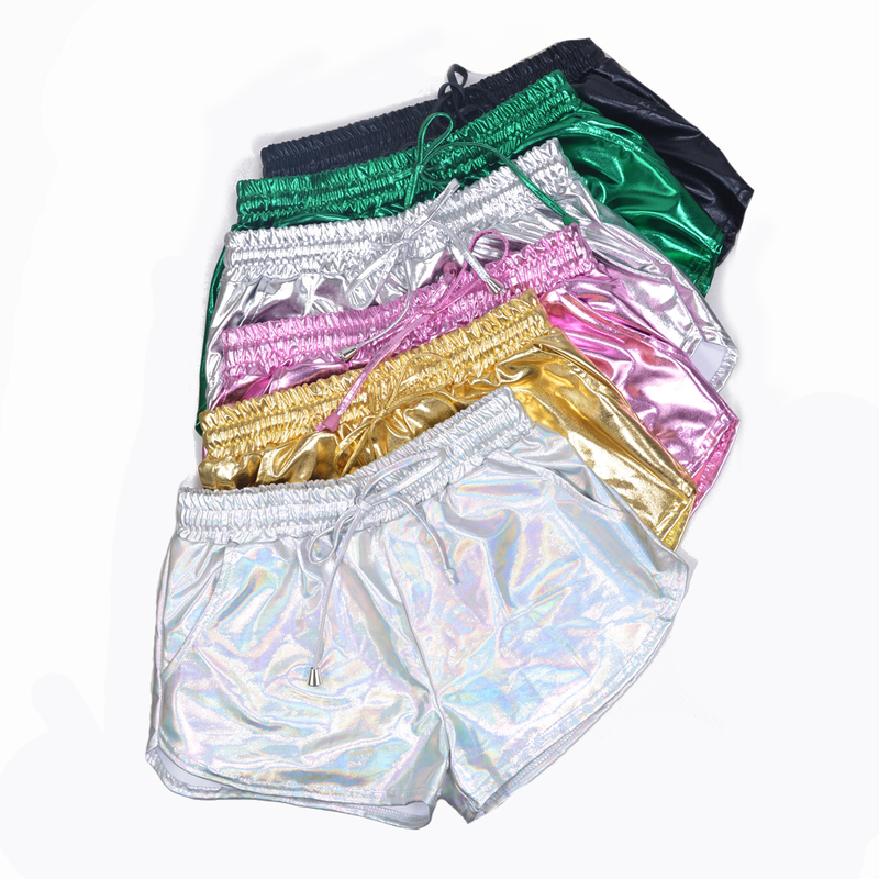 Fashionable Women's Shorts, Original Nightclub Stage Hot Pants, Gold-Stamped Lace-Up Elastic Waist with Pockets, Patent Leather Sexy Performance Outfit