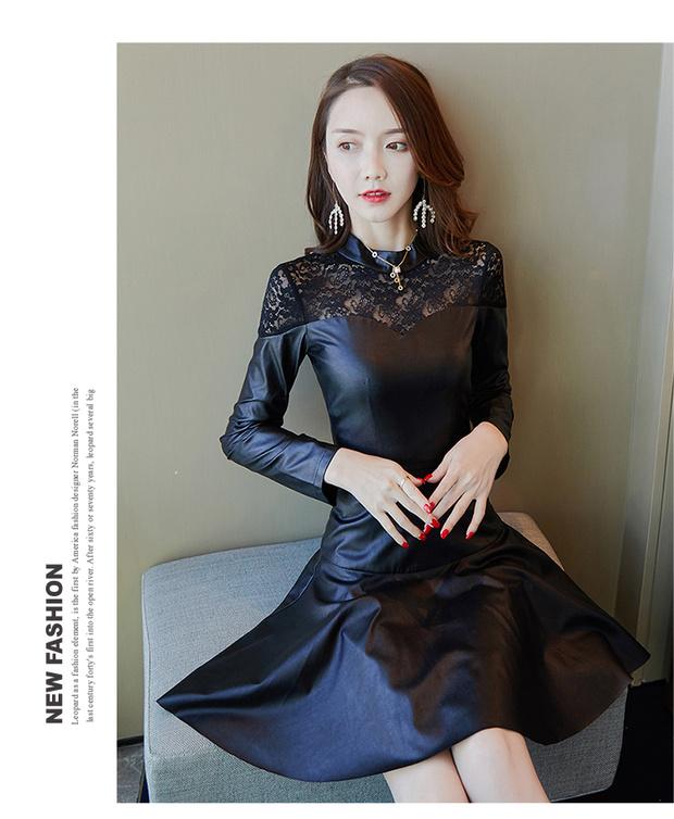Mùa thu đông 2018 mới nhất Slim OL khí chất ren đáy váy cộng với nhung dày cổ tròn váy da PU 	váy quấn eo