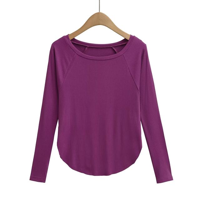 Xiaoru European and American Style Solid Color Basic Round Neck Long-Sleeve T-Shirt for Women, Casual Sun-Protective Cover-Up, Loose Curved Hem Base Shirt