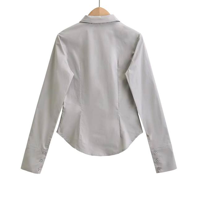 Xiaoru European and American letters embroidered long-sleeved shirt autumn age-reducing contrasting color tie slim fit versatile simple top