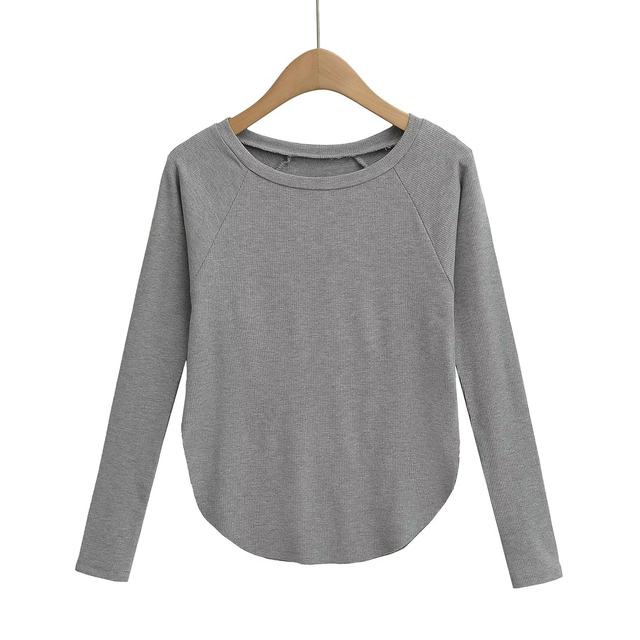 Xiaoru European and American Style Solid Color Basic Round Neck Long-Sleeve T-Shirt for Women, Casual Sun-Protective Cover-Up, Loose Curved Hem Base Shirt