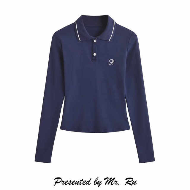 Xiaoru European and American Style Polo Collar Color-Blocked Letter Embroidery Long-Sleeve T-Shirt, Autumn Versatile Navy Blue Base Shirt That Enhances Complexion