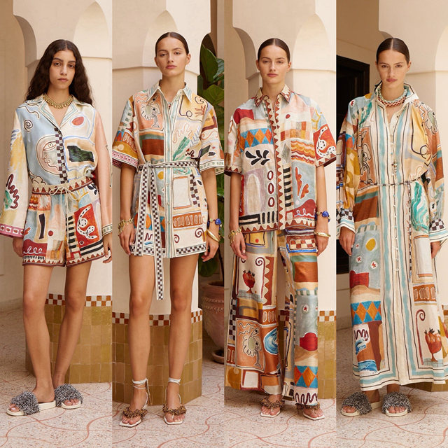 Australian niche Michelle series hand-painted printed short-sleeved T-shirt pants wide-leg pants suit 2026 new holiday long skirt