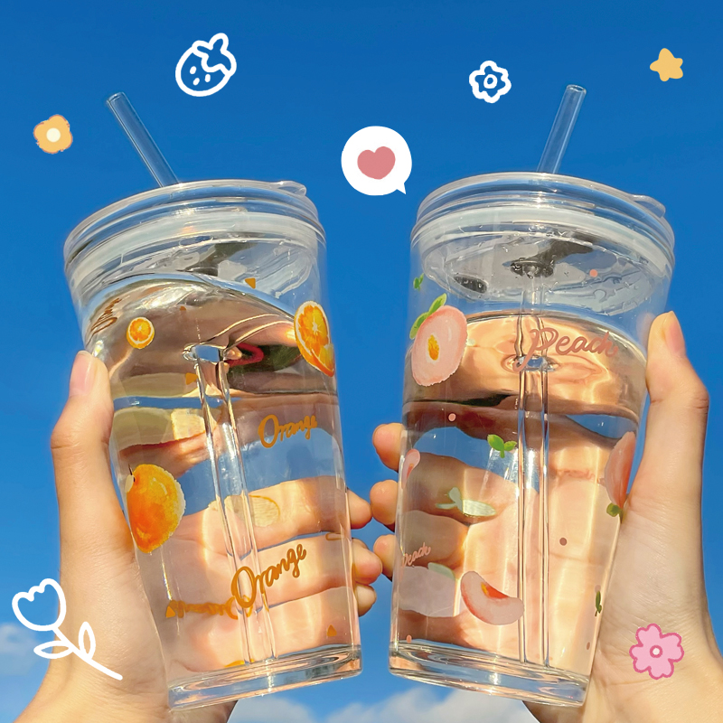 ins wind breakfast cup straw glass water cup scale juice cup milk tea home with lid cute female milk mug