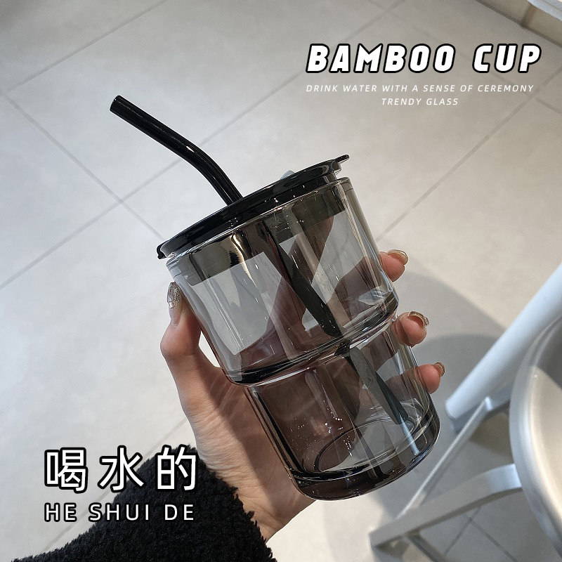 Korean version of water glass straw glass cup female home with lid large capacity high face value coffee ins wind drink water cup