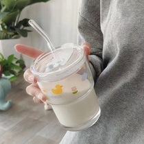 Cute Ins Wind Straws Glass Cups Adults Summer High Face Value Breakfast Milk Cups Cartoon Teenage Hearts Water Cups