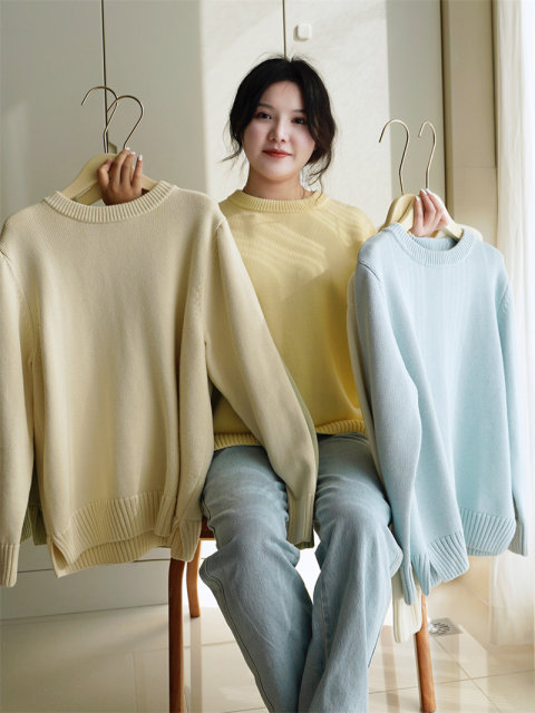 Homemade 100% pure cotton thread sweater women's loose pullover round neck autumn and winter sweater with thick inner layer