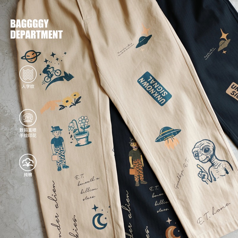 Baggggy Pays Tribute to the Classic Et Alien Hand-Painted Print Herringbone Washed Chino Pants 70-125kg