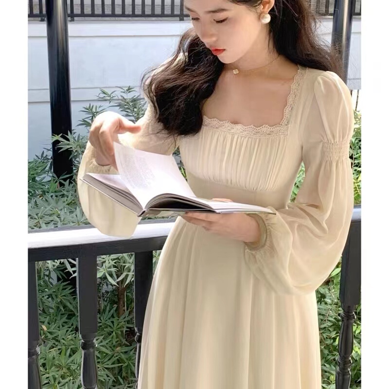 Tall Lady's Platycodon Fairy Dress, French Square-Neck, Palace-Style, Extra-Long Dress That Reaches the Ankles, Waist-Cinching and Ankle-Length