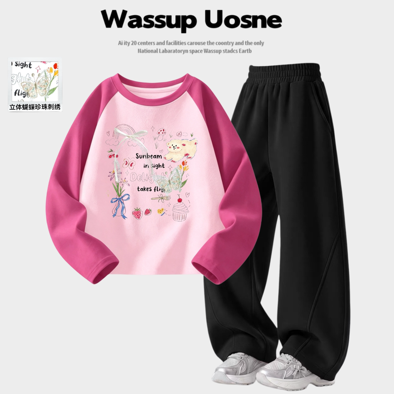 Wassup 3D Butterfly Pearl Embroidery Children's Sports Spring and Autumn Girls' Color-Block Long Sleeve T-Shirt with Curved Sweatpants