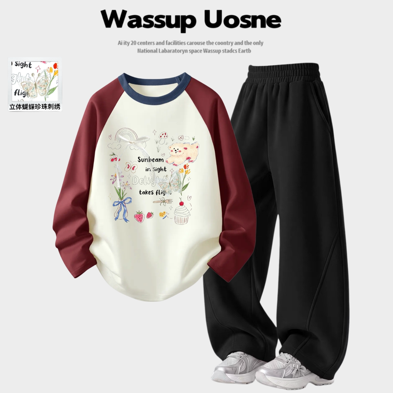 Wassup 3D Butterfly Pearl Embroidery Children's Sports Spring and Autumn Girls' Color-Block Long Sleeve T-Shirt with Curved Sweatpants