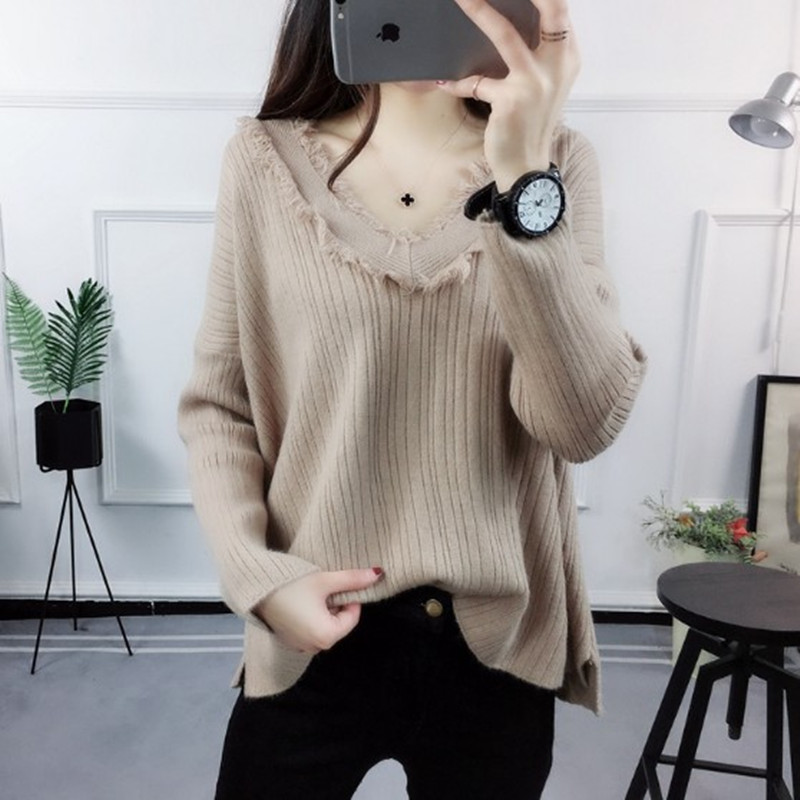 Fat mm large size women's clothing autumn and Winter Korean version loose V-neck base sweater Fat sister tassel pullover sweater 200 pounds