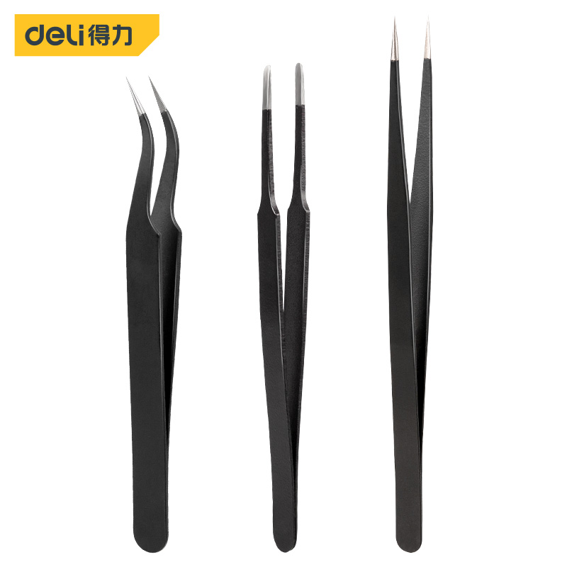 Right-hand Tool Tweezers Three Sets Stainless Steel Flat Straight Tip Elbow Pinching Clips Hardware Professional Repair DIY Manual