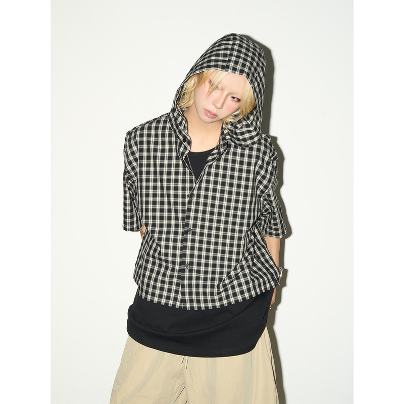 Michinnyon "Layered Structure" Plaid Hooded Short-Sleeved Shirt Spring and Summer Vest Shirt Two-Piece Set