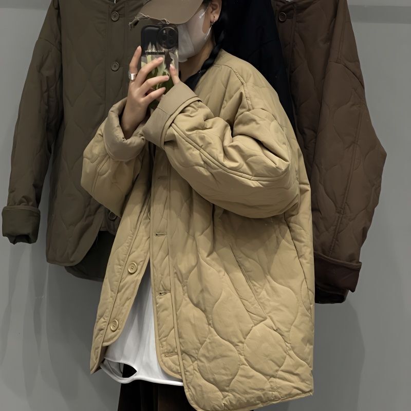 2026 Winter Lightweight Round Neck Diamond Pattern Top Women's Trendy Korean Style Retro Loose Casual Cotton Jacket Winter Versatile