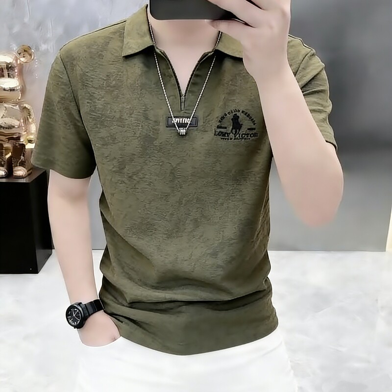 European Style Polo Shirt for Men, Short-Sleeved, Half-Zip Design, Color-Blocking Ice Silk T-Shirt, Stylish and Versatile Old Money Style T-Shirt