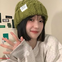 Japan purchase GP women's coarse knitted yarn hat autumn winter all match large head green loose fashion small face