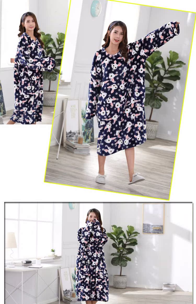 Phụ nữ mang thai váy ngủ nữ mùa thu và mùa đông đồ ngủ dài tay cộng với nhung dày XL flannel đoạn dài chất béo mm200 kg nội y cao cấp