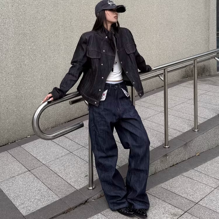 August Rain 14.5 Imported Slanted Collar Classic Short Wide Raw Denim Stiff Loose Denim Jacket