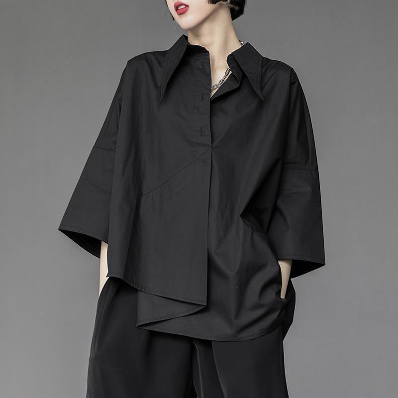 Clearance Bargain~ Export Overstock 2026 Summer Loose Long-Sleeve Shirt for Women Asymmetrical Black Top