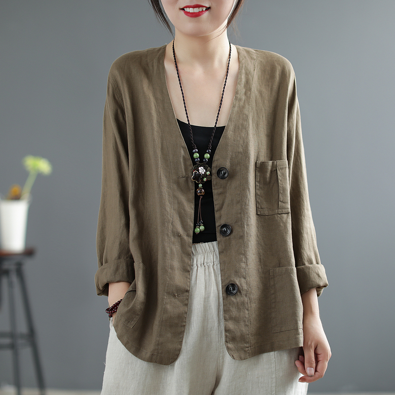 Japanese Export Brand Summer High-End Cotton and Linen Short Jacket with Patchwork Linen V-Neck Cardigan Top Japanese Export Brand Summer High-End Cotton and Linen Short Jacket with Patchwork Linen V-Neck Cardigan Top
