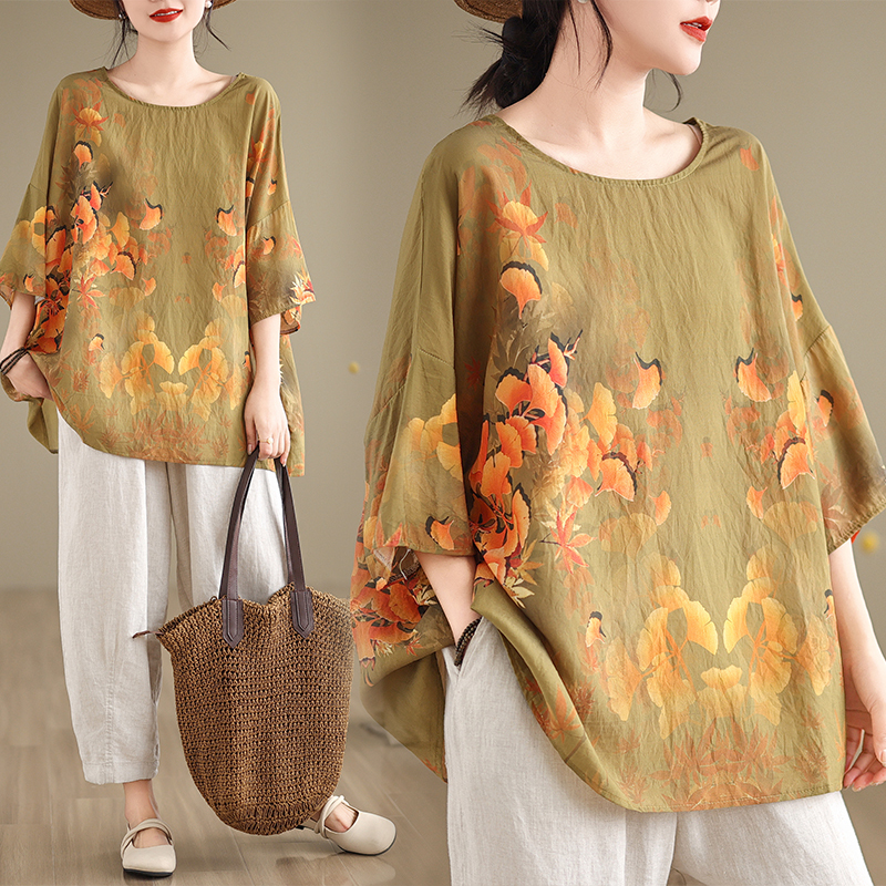 Italian First-Line Brand's New Summer Design, Linen Cotton Ethnic Style Batwing Sleeve Loose Large Size Round Neck T-Shirt