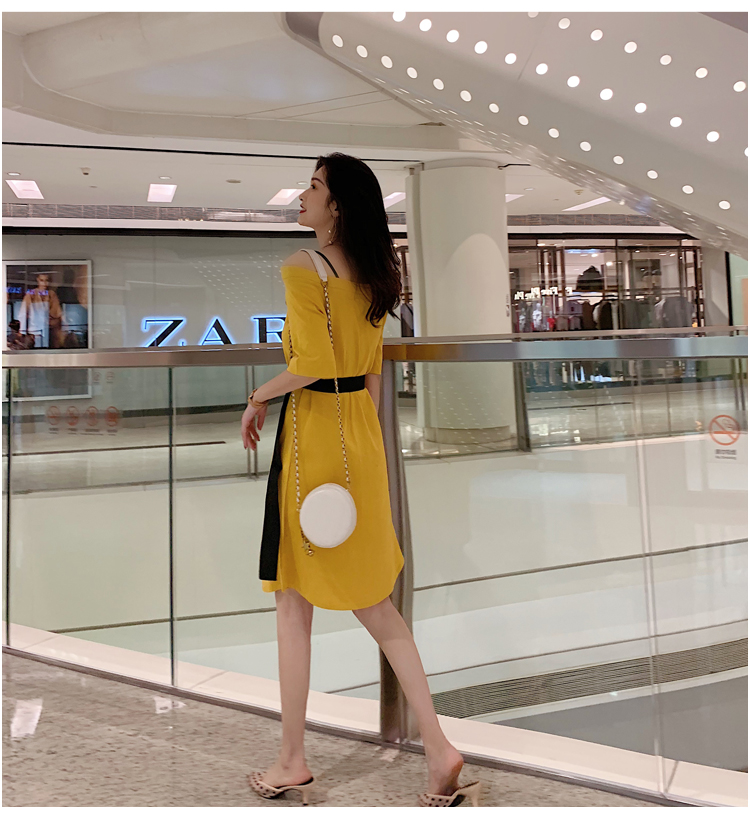 VK旗艦店 韓系一字領露肩收腰修身顯瘦短袖洋裝