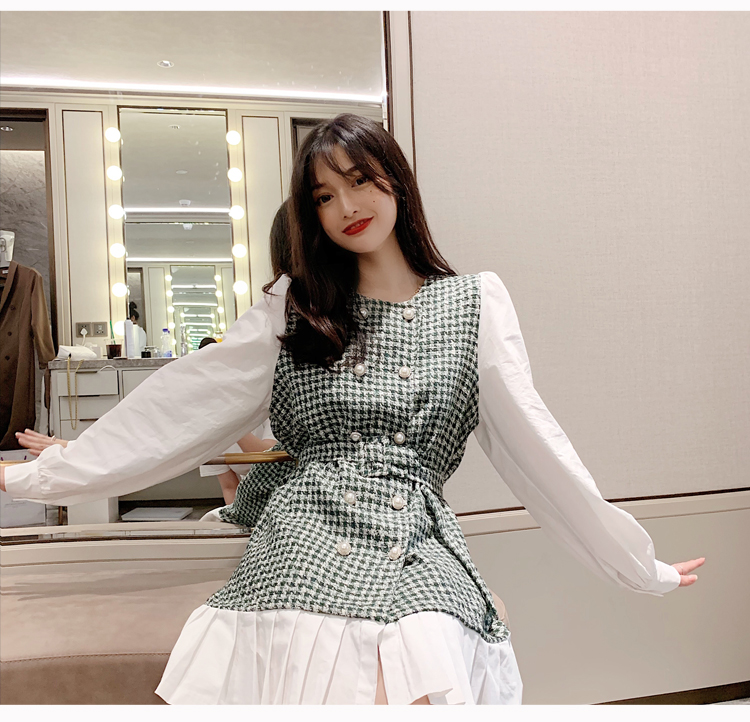 VK旗艦店 韓系修身顯瘦拼接假兩件千鳥格長袖洋裝