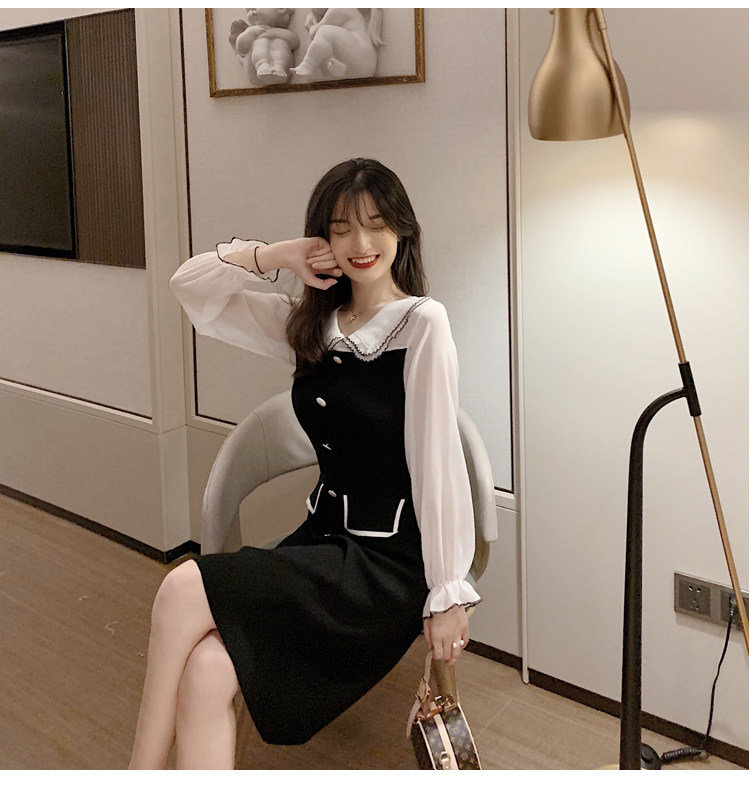 VK旗艦店 韓國風淑女優雅娃娃領單排扣長袖洋裝