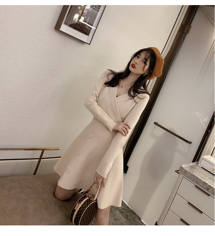 VK旗艦店 韓系雙排扣收腰顯瘦針織西裝領長袖洋裝