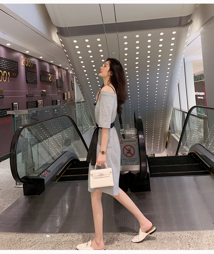 VK旗艦店 韓系一字領露肩收腰修身顯瘦短袖洋裝