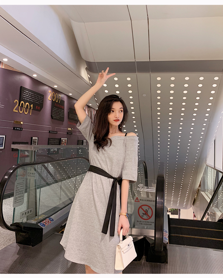 VK旗艦店 韓系一字領露肩收腰修身顯瘦短袖洋裝