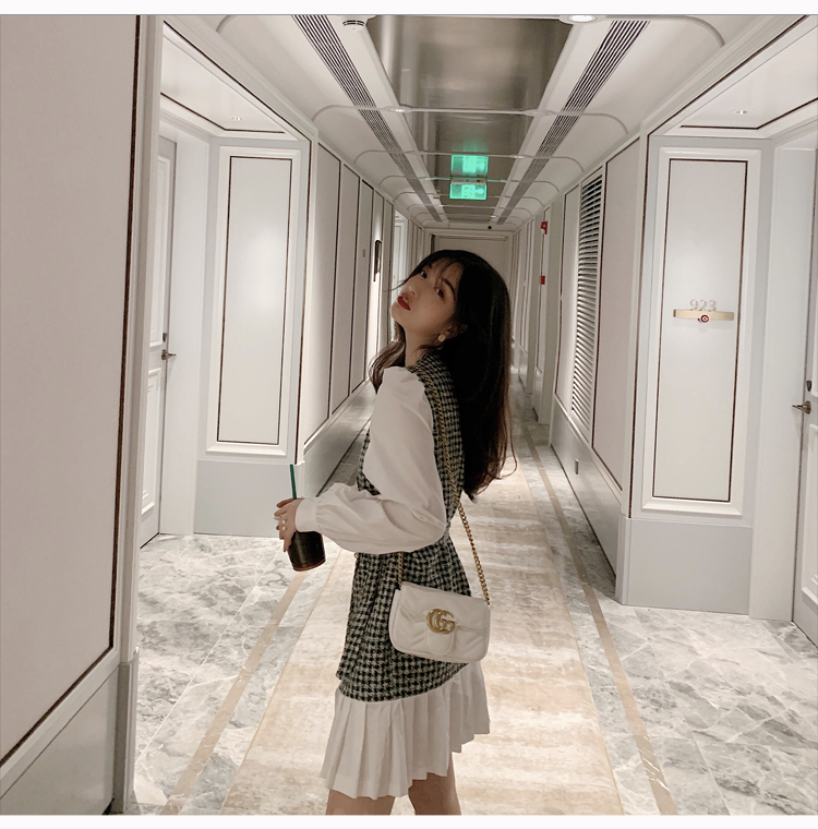 VK旗艦店 韓系修身顯瘦拼接假兩件千鳥格長袖洋裝