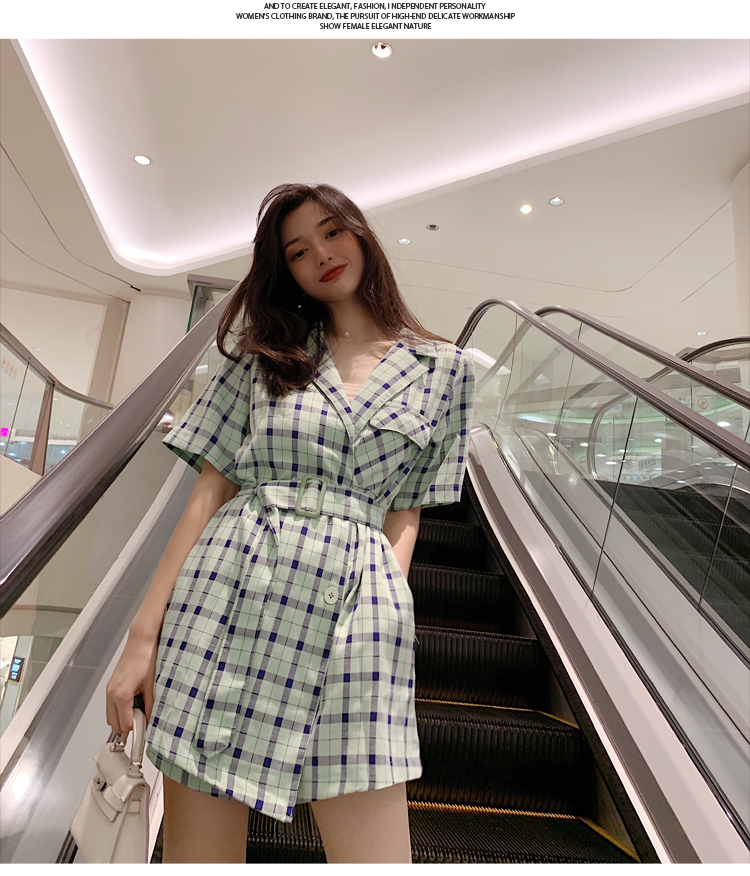 VK旗艦店 韓系時尚寬鬆格子腰帶百搭連身套裝短袖褲裝